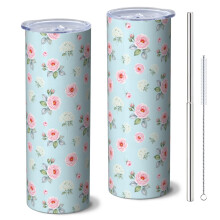 Pioneer Flower Floral 20oz Skinny Tumbler with Straw & Lid – Double Wall Vacuum Insulated, Leak-Proof, Cup Holder Friendly, Hot 6H/Cold 12H