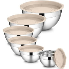 6-Pc Stainless Steel Mixing Bowls with Lids (1–7 QT), Nesting Kitchen Bowls for Prep & Storage, Dishwasher Safe, Khaki