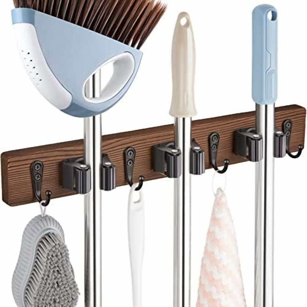 Wall Mount Mop Broom Holder With 3 Slots & 4 Hooks Â Compatible With Wood Mops/Brooms, Rustic Farmhouse Kitchen Decor 9180479964445