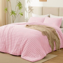 Juego de edredón mullido tamaño king: piel sintética supersuave con jacquard de cuadrícula 3D, ropa de cama de felpa rosa de 3 piezas, cálido