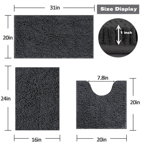 Ensemble de tapis de bain en chenille 3 pièces, antidérapant et absorbant 2
