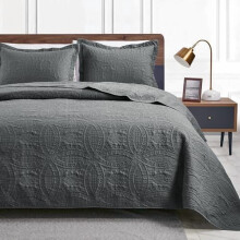 Ensemble de courtepointe 3 pièces gris foncé en polyester léger pour lit double/queen