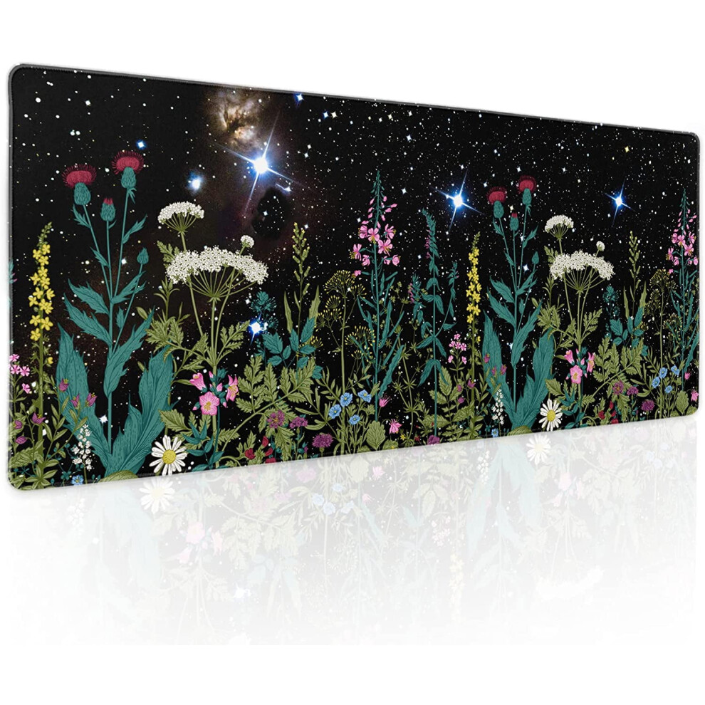 Aesthetic Xl Mouse Pad 80X30cm, Galaxy Wildflower Design, Non-Slip Rubber Base, Stitched Edge, Compatible With All Mice Black 9110895494615