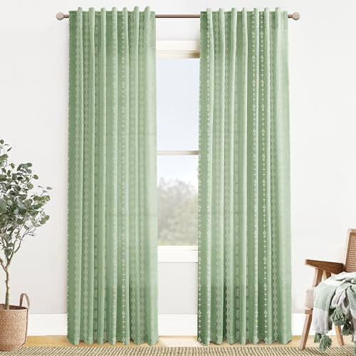 Light Green Linen Sheer Curtains Sage Floral Pattern 84 inch 1