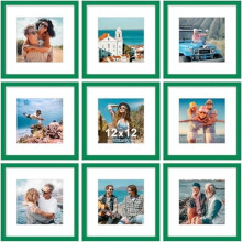 12x12 Picture Frames Set of 9, Shatter-Resistant Plexiglass, Fits 8x8 w/Mat or 12x12 w/o Mat, Wall-Mountable, Engineered Wood, Green