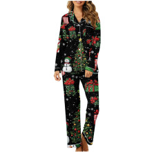 Dames kerstpyjamaset met lange mouwen, knoopsluiting aan de voorkant en kerstboomprint, zachte pyjamabroek, comfortabele huispak voor de feestdagen,