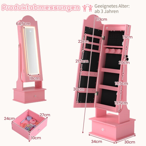Mobiletto portagioie per bambini con specchio e luci a LED, rosa 1