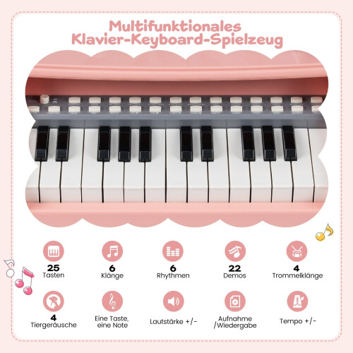 Tastiera per pianoforte elettrico per bambini, 25 tasti, microfono e supporto, rosa 2