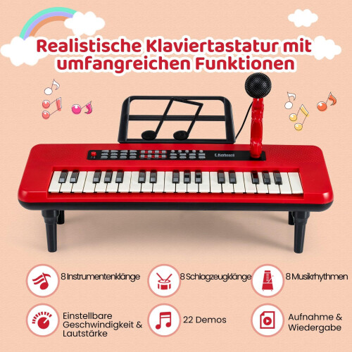 Pianoforte digitale per bambini a 37 tasti con microfono e supporto, rosso 2
