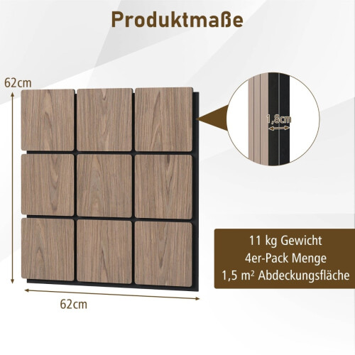 Akustikwandpaneele, 4er-Pack, 62 x 62 cm, Schalldämmung 1