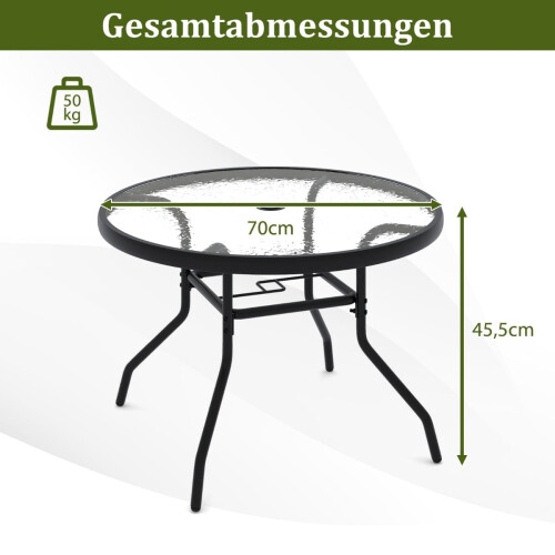 Runder Glastisch für den Außenbereich mit Schirmloch, 70 cm 1