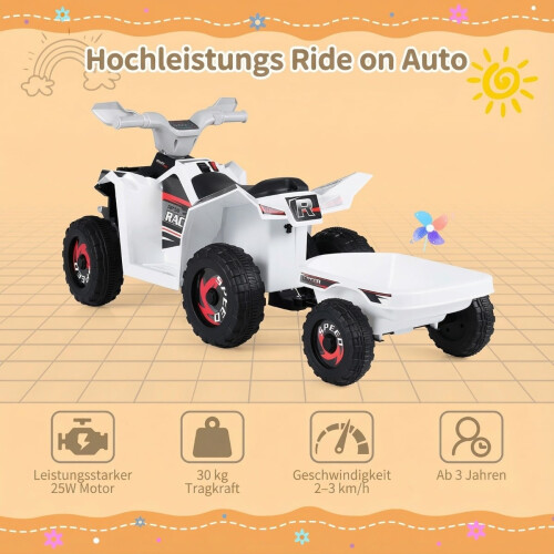 Quadriciclo elétrico infantil 6V com reboque, rodas resistentes, branco 2