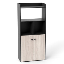 Schwarzes 3-stöckiges Bücherregal mit Doppeltürschrank