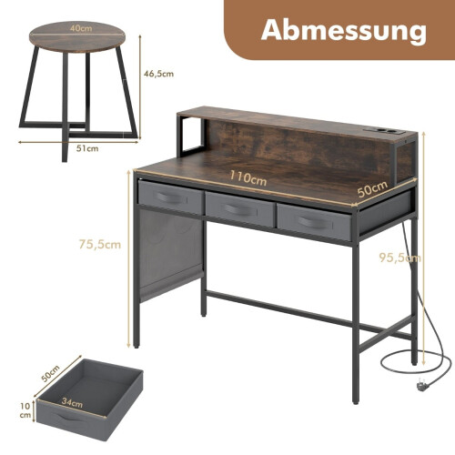 Computertisch mit Steckdosen und Hocker-Set - Rustikales Braun 1