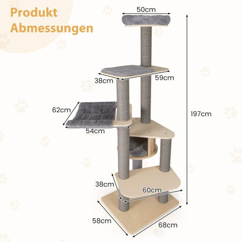 Arbre à chat multi-niveaux de 197 cm avec hamac, gris 1