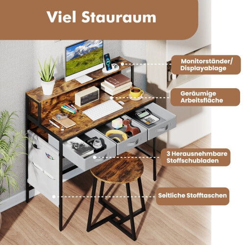 Computertisch mit Steckdosen und Hocker-Set - Rustikales Braun 2