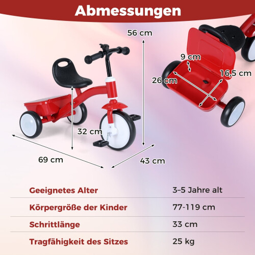 Triciclo infantil com rodas que acendem, assento ajustável e caixa de armazenamento. 1