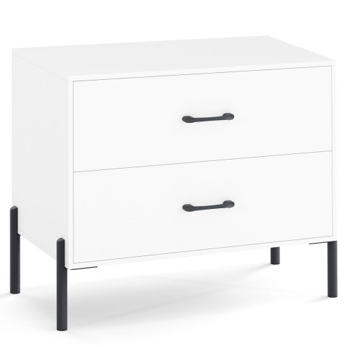 Comodino in legno a 2 cassetti con gambe in metallo, bianco