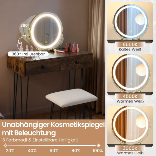 Schminktisch mit Spiegel, Beleuchtung, Ladestation und Hocker 2