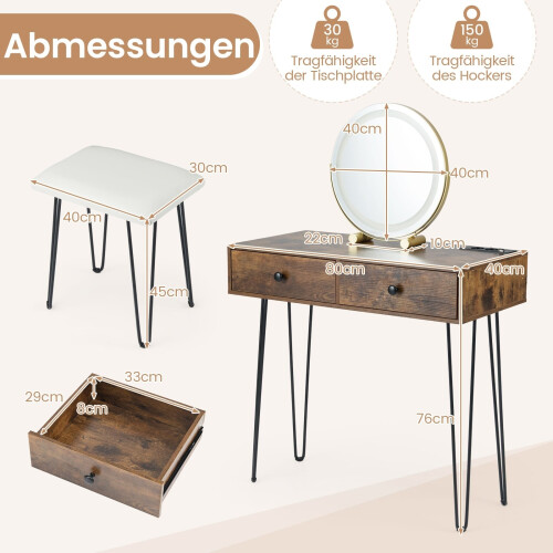 Schminktisch mit Spiegel, Beleuchtung, Ladestation und Hocker 1