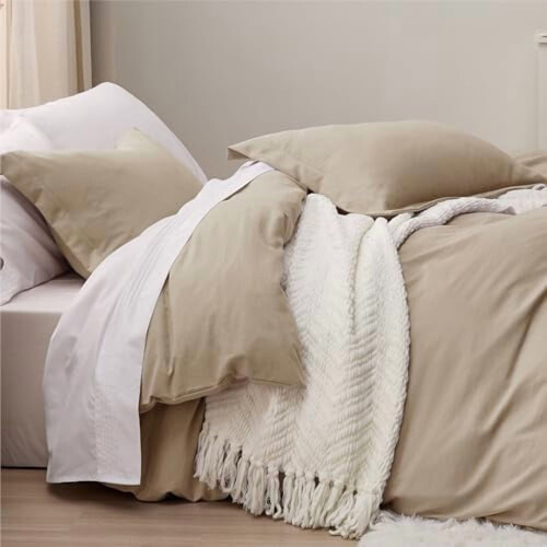 Deep Beige Duvet Cover Set Queen Size 3 pcs 2