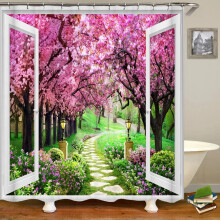 Cortina de baño impermeable con estampado de paisaje floral costero, de poliéster, ideal para la decoración del hogar, con gancho.