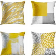 Conjunto de 4 capas de almofada decorativas, 45x45 cm, com estampa abstrata de dálias em amarelo e cinza. Capas quadradas para almofadas de sofá,