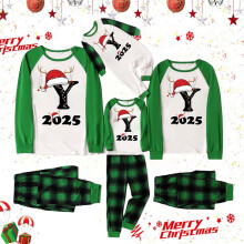 Matchende familiepysjamassett, julepysjamas med bokstav- og rutetetrykk, langermet t-skjorte og bunn, loungewear