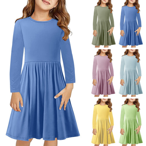 Mädchen Langarm-A-Linienkleid, einfarbig, Größe 10-12
