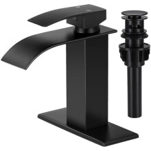 Matte Black Waterfall Bathroom Faucet, Single Handle, 1/3-Hole RV Vanity Faucet with Pop-up Drain & Hoses – Compatible with Standard Sinks