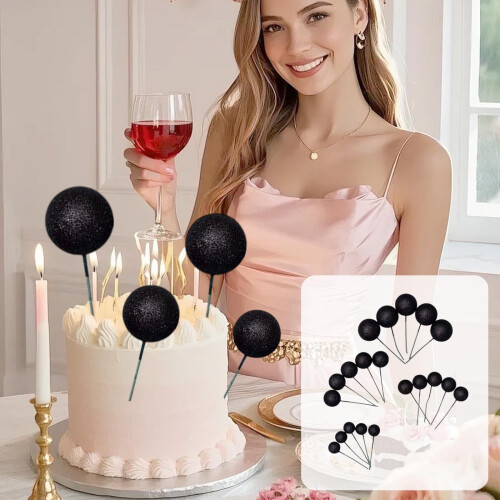 Black foam glitter cake decoration balls set 20 pcs 2