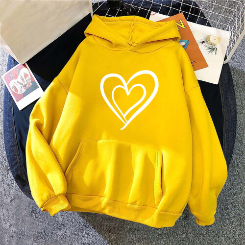 Damen-Kapuzenpullover mit Herzchen-Print, Rundhalsausschnitt, Valentinstag-Pullover, Gelb, Größe S 1