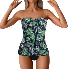 Tankini-badedrakter for kvinner, stroppeløs, polstret push-up-badetøy, trendy, blomstermønstret, slankende bikini, bandeau, todelt badedrakt
