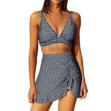 Conjunto de biquíni trikini xadrez feminino Kukoosong com top tomara que caia de gola redonda, saia de banho e design modelador de costas.