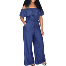 KEUSN Plus Size Női Egyszínű Széles Szárú, Váll nélküli Farmer Overallok