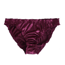 Dam Silkeslena Sexiga Satin Bikini Trosor Med Volangkant Satinunderkläder Vinröd
