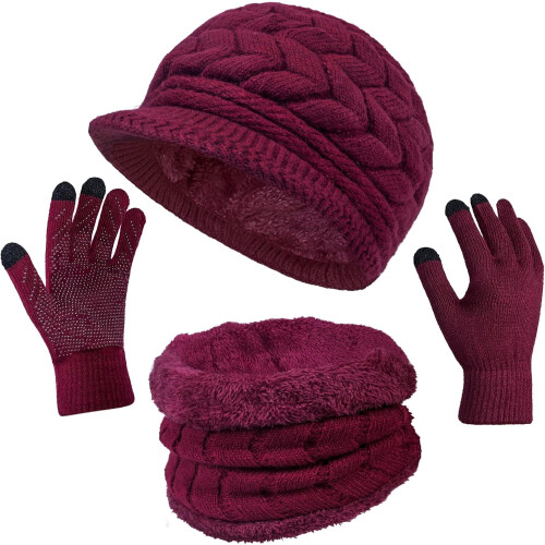 Wintermütze, Handschuhe, Schal-Set, Strickmütze, warme Beanie, Touchscreen