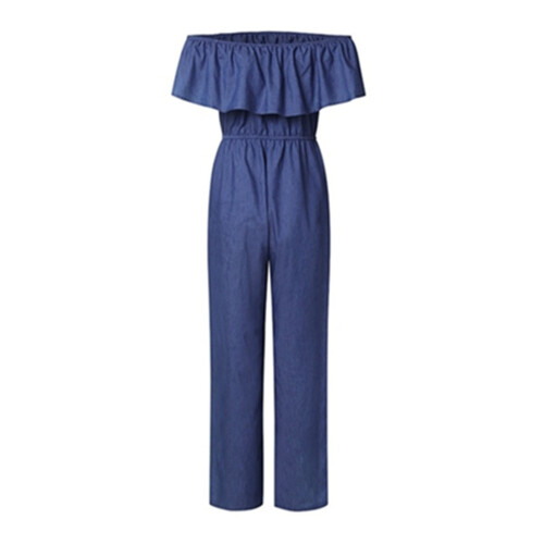 KEUSN Plus Size Dame Ensfarvede Vide Ben Off Shoulder Denim Jumpsuits 2