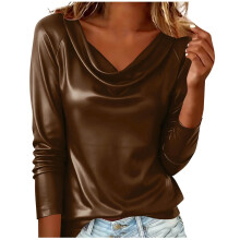 Top de mujer, blusa de manga larga con cuello en V de color liso, top informal con aspecto de piel sintética para un uso diario cómodo.