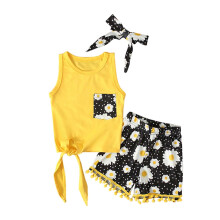 Babykleding voor meisjes, peuteroutfit, kinderkleding set met korte mouwen, zomervestje, bloemenprint, geel