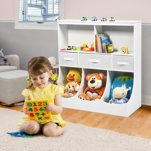 Armoire de rangement pour enfants à 3 niveaux avec 8 compartiments et tiroirs, 1