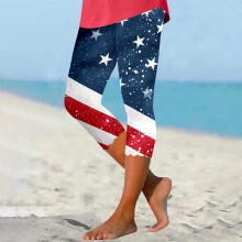 Naisten itsenäisyyspäivän joogahousut – korkeavyötäröiset, joustavat 7/8-legginsit, USA:n lippukuvio, spandex-polyesterisekoite, S-4XL