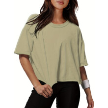 T-shirts courts pour femmes, épaules tombantes, col rond, hauts courts décontractés d'été, t-shirts basiques unis