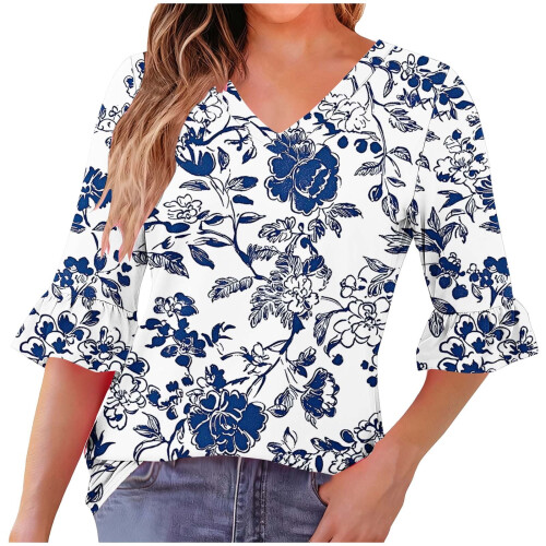 Γυναικεία Μπλούζα με V-Neck, Σχέδιο και Βολάν, με Λευκό Φόρεμα – Άνετο Ύφασμα,