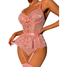 Women''s Corset Lingerie Bodysuit Deep V Neck One Piece Lingerie with Garter Belt Underwire Spaghetti Strap Bustier Corset Bodysuit Pink L