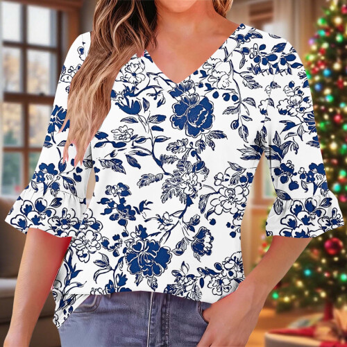 Γυναικεία Μπλούζα με V-Neck, Σχέδιο και Βολάν, με Λευκό Φόρεμα – Άνετο Ύφασμα, 1