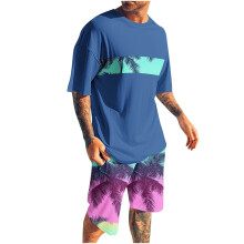 Men's Shorts Sets 2 Piece Outfits Round Neck Printing Sports Slim Elastic Waistband Short Sleeve Round-Neck Blouses