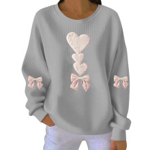 Sweat-shirt femme Saint-Valentin imprimé cœur, col rond côtelé, manches longues