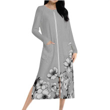 Abito pigiama floreale da donna 2025 con tasche, maniche lunghe raglan, chiusura con cerniera frontale, in pile double-face – taglie S-2XL