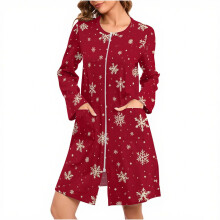 Naisten jouluinen porokuvioinen yöpaita, loma-aiheinen yöasu, mukava harjattu fleece, pitkähihainen yömekko vetoketjulla ja taskuilla (S-2XL)